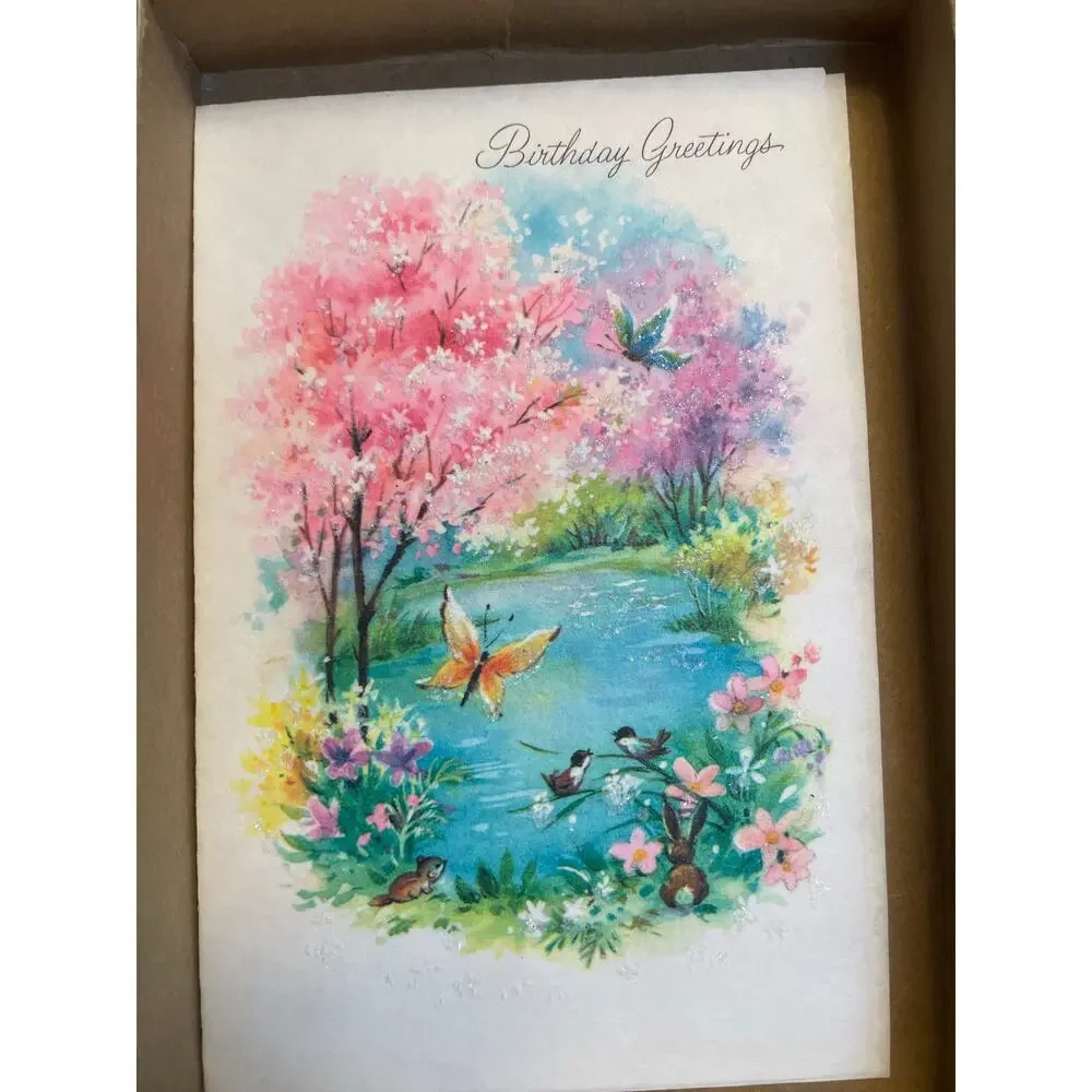 11 Vintage 1950s Greeting Cards Envelopes Original Box Glitter Unused MCM